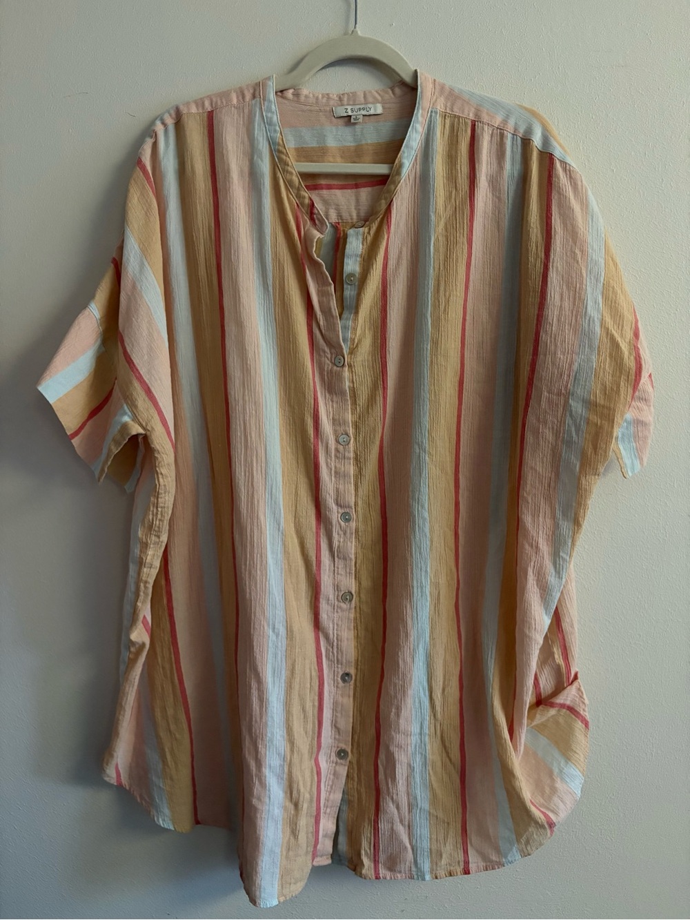 Z Supply Pastel Stripe Short-Sleeve Button Down in Cream, Light Blue & Soft Pink